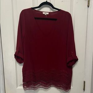 Deep Red V-Neck Blouse with Lace Trim